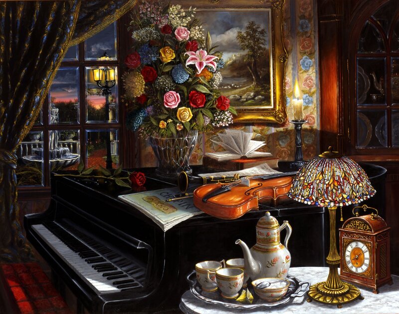Piano with Violin and Flowers