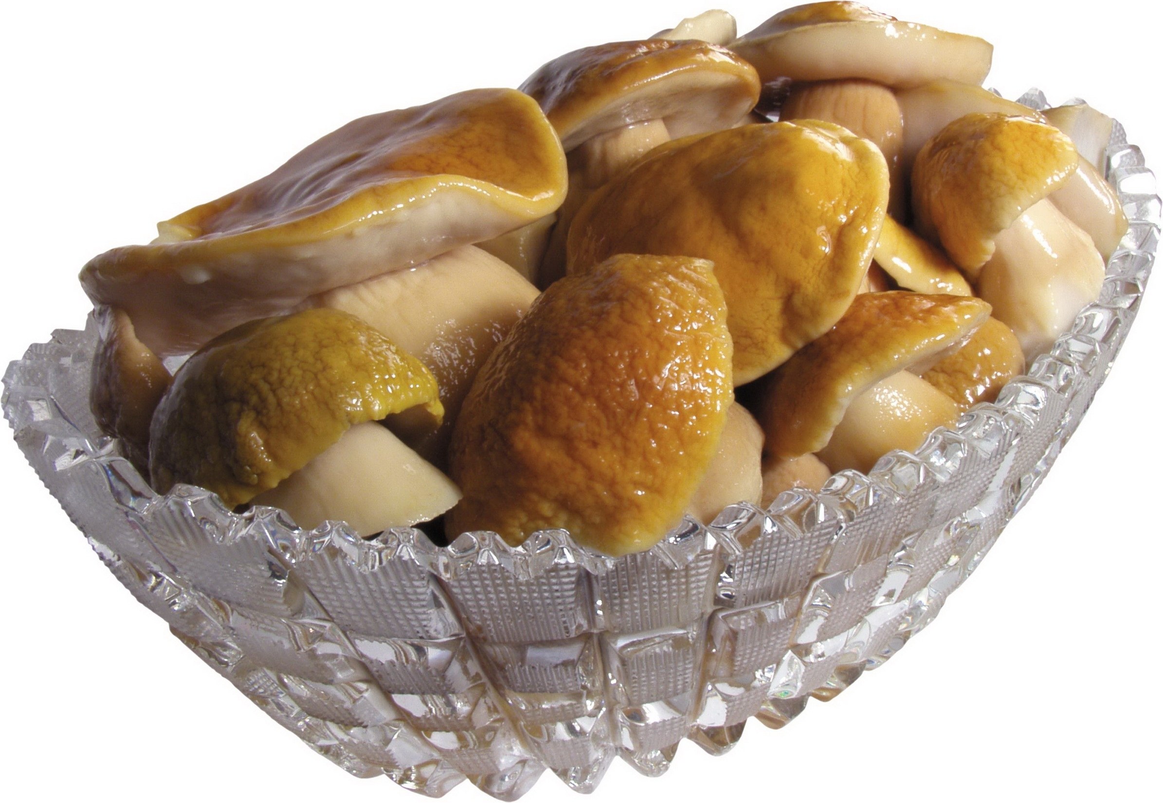 Pickled mushrooms in a glass bowl
