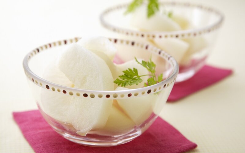 Pickled radish in glass bowls