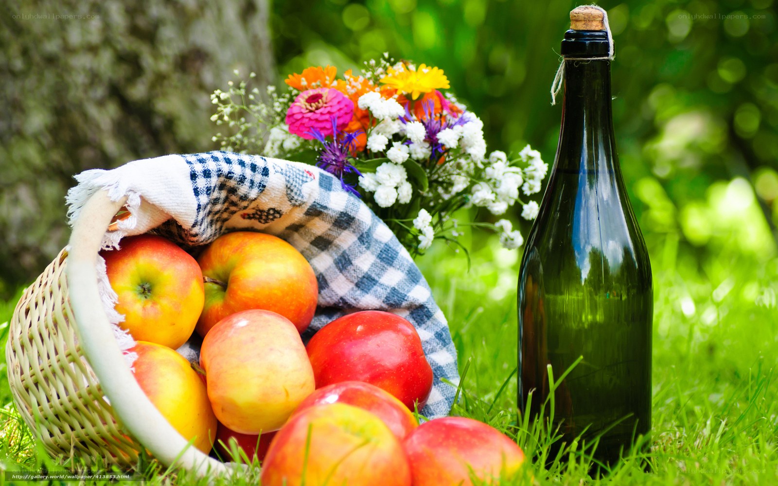 Picnic basket with apples and wine