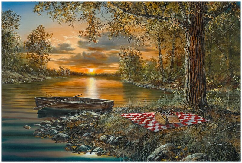 Picnic by River at Sunset