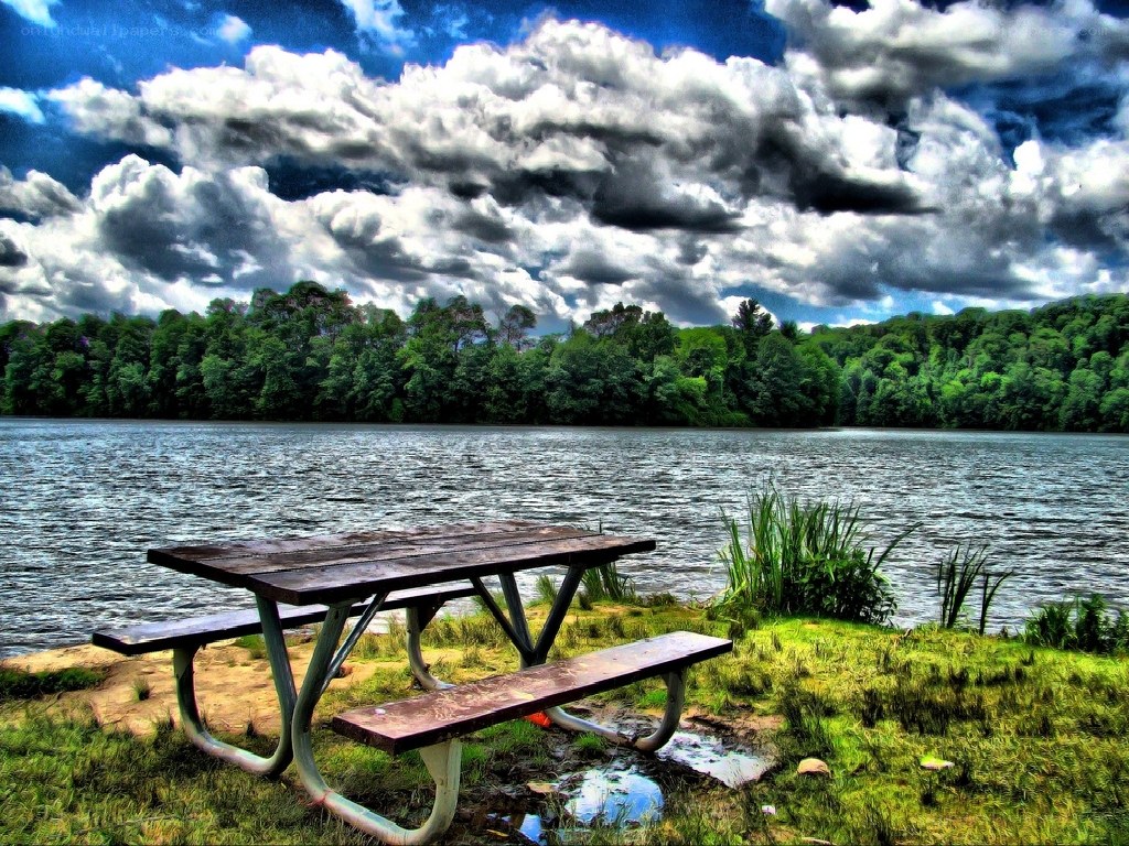 Picnic table by a lake