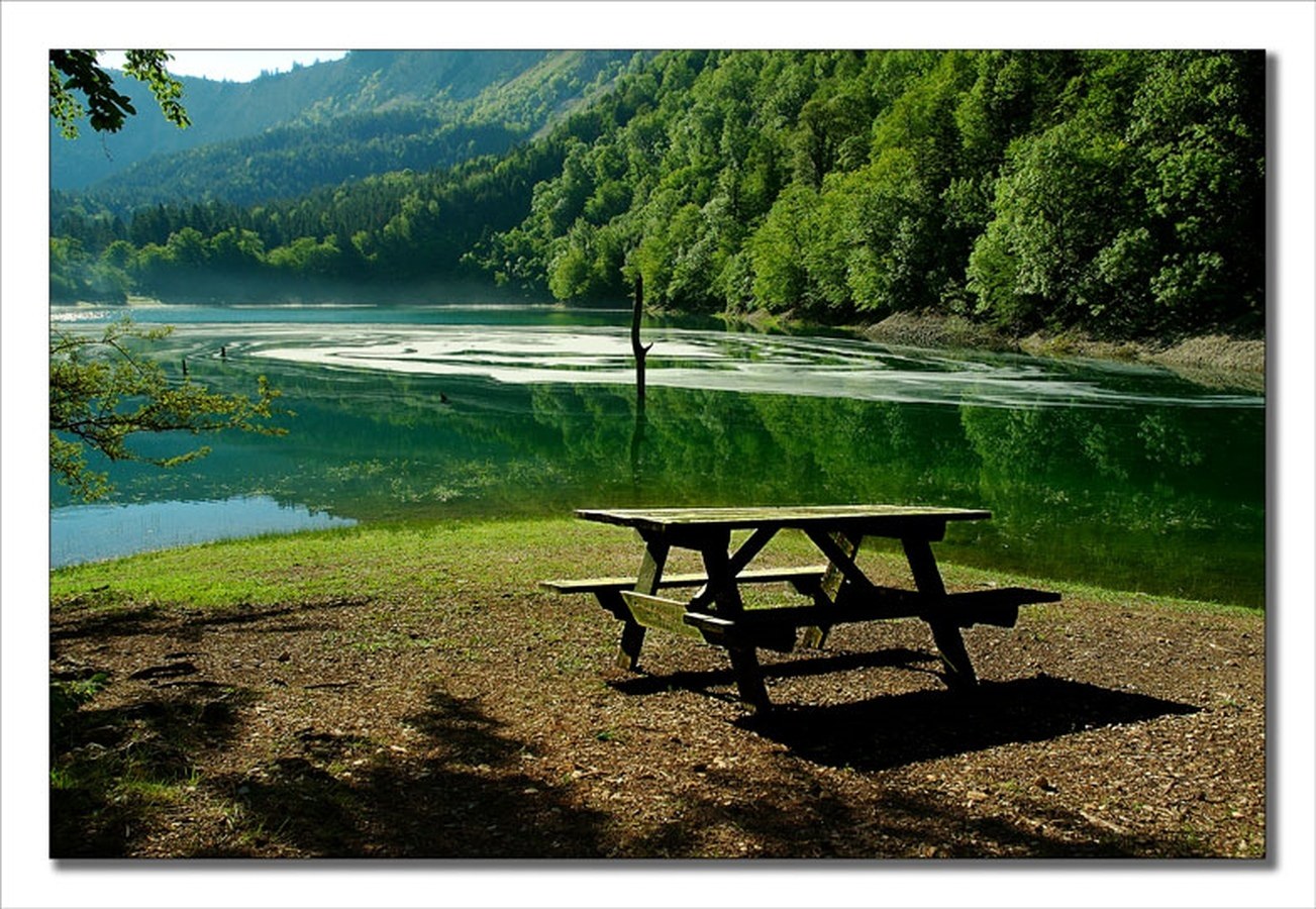Picnic table by a serene lake