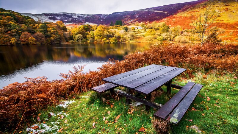 Picnic Table by Lake — Green, Serene, Autumn, Photograph, Mountains
