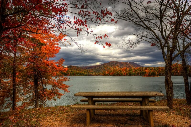 Picnic Table by Lake — Red, Dramatic