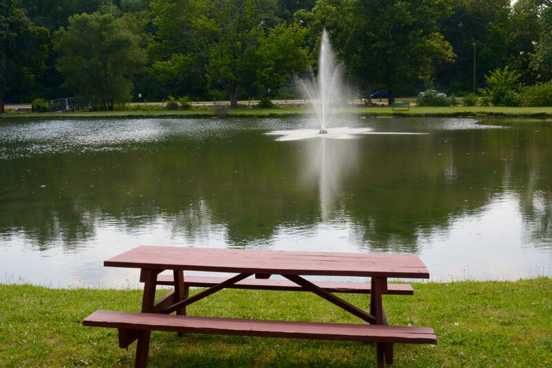 Picnic Table by Pond — Green, Serene
