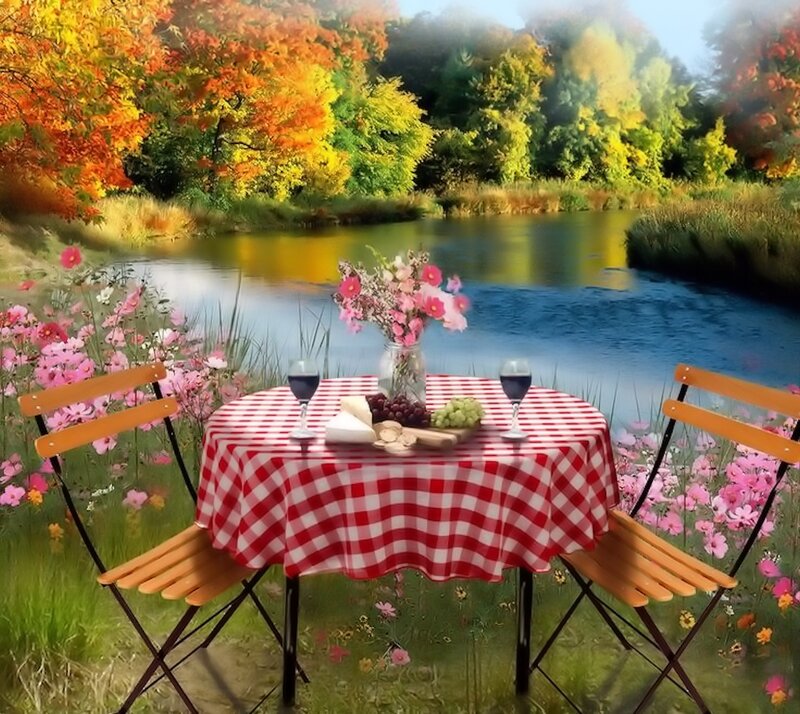Picnic Table by River — Red