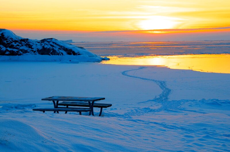 Picnic Table in Snow — Blue
