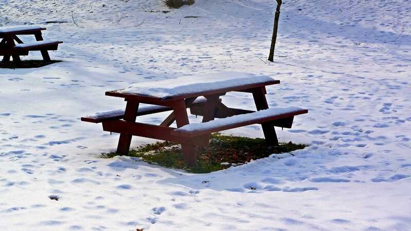 Picnic Table in Snow — White