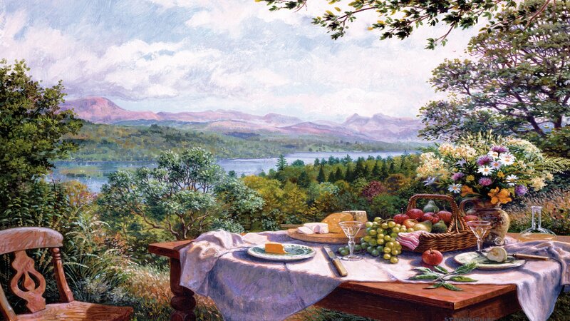 Picnic Table with Fruit — Green
