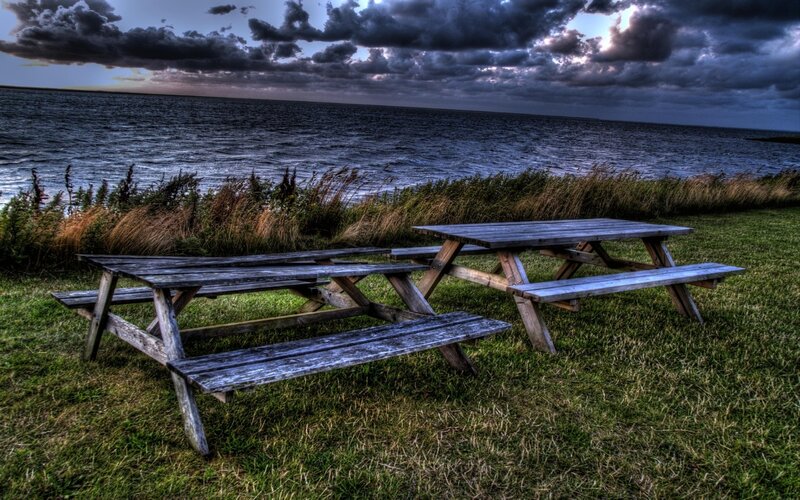 Picnic tables by the sea