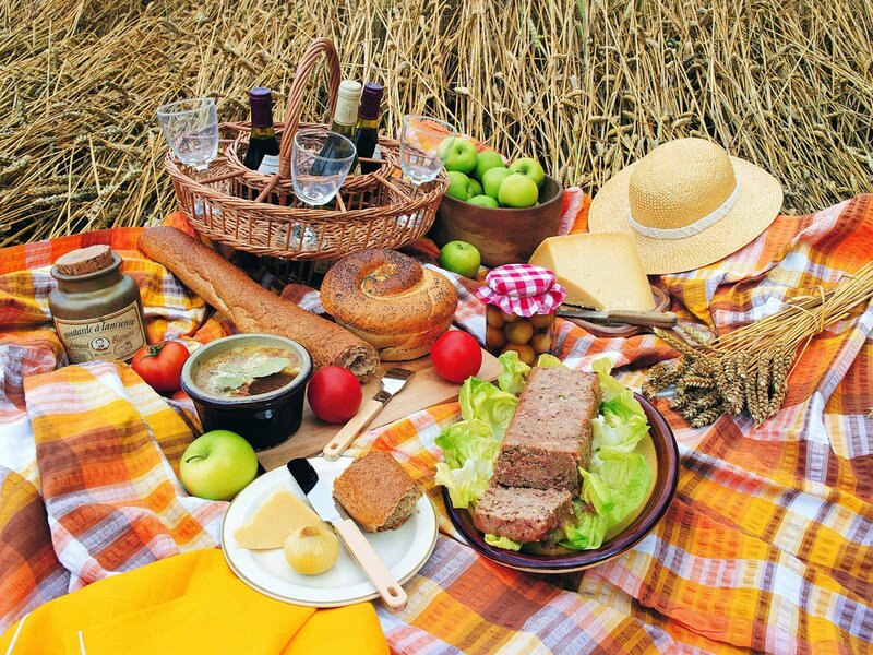 Picnic with bread and wine