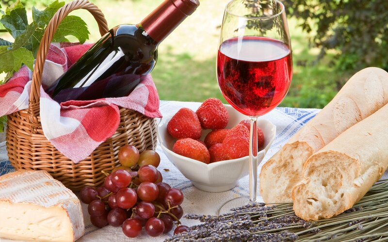 Picnic with wine and fruit