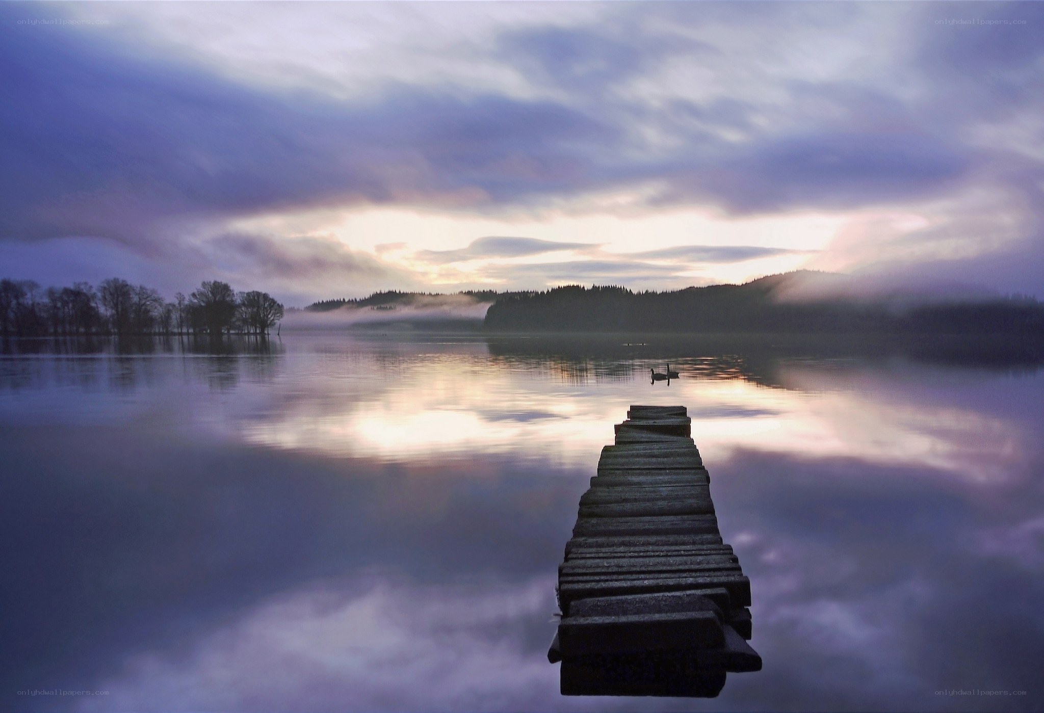 Pier at dawn on a misty lake