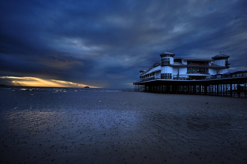 Pier at Dusk — Blue, Dramatic, Night, Photograph, Beach