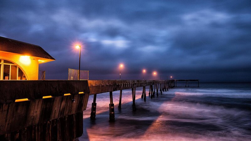 Pier at Dusk — Blue, Dramatic, Night, Photograph, Building, Lights