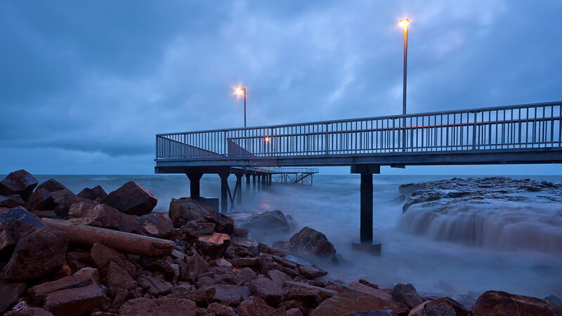 Pier at Dusk — Blue, Dramatic, Night, Photograph, Rocks