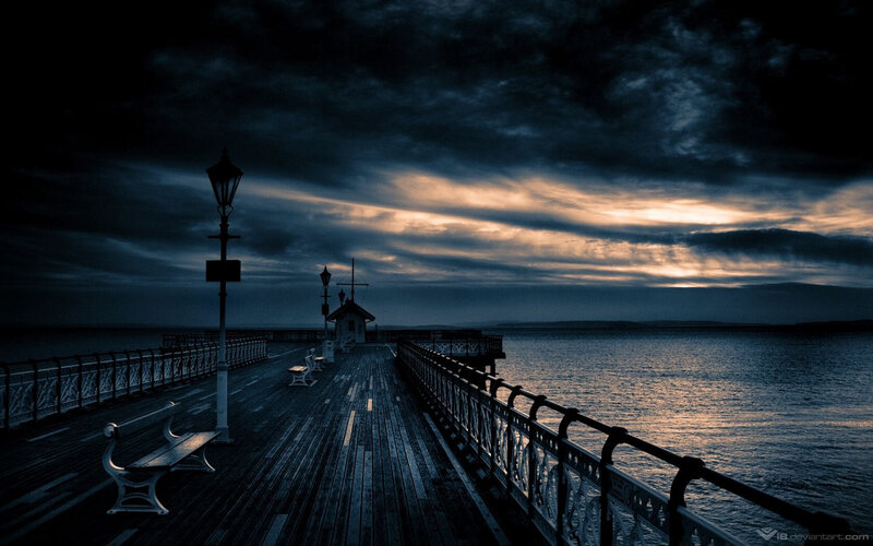 Pier at Dusk — Blue, Dramatic, Sunset, Photograph, Bench, Lamp Post, Railings