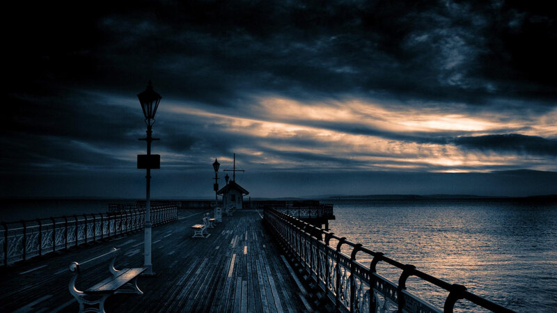 Pier at Dusk — Blue, Dramatic, Sunset, Photograph, Bench, Lamppost, Railings