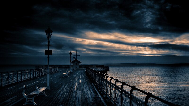 Pier at Dusk — Blue, Dramatic, Sunset, Photograph, Bench, Lamppost, Sea