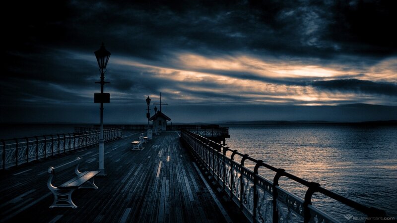Pier at Dusk — Blue, Dramatic, Sunset, Photograph, Bench, Lamppost