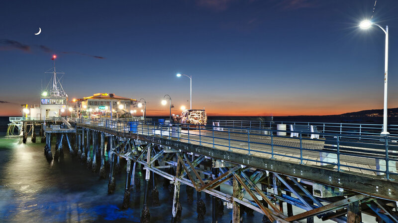 Pier at Dusk — Blue, Serene, Night, Photograph, Moon