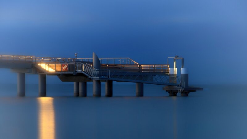 Pier at Dusk — Blue, Serene, Night, Photograph