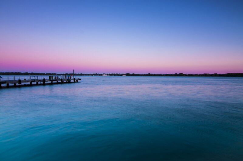 Pier at Dusk — Blue, Serene, Sunset, Photograph, Dock
