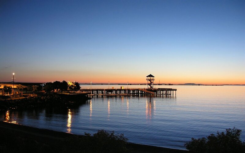 Pier at Dusk — Blue, Serene, Sunset, Photograph, Lighthouse