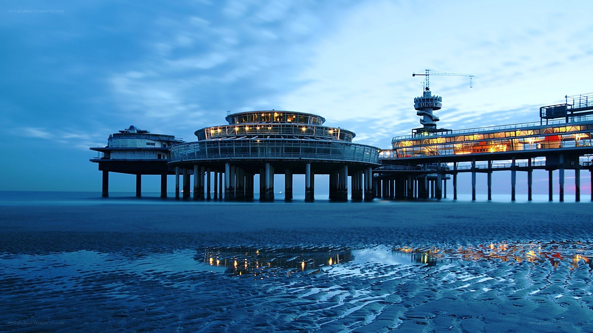 pier at dusk with lights