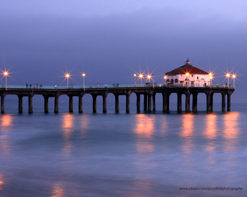 Pier at dusk with lights