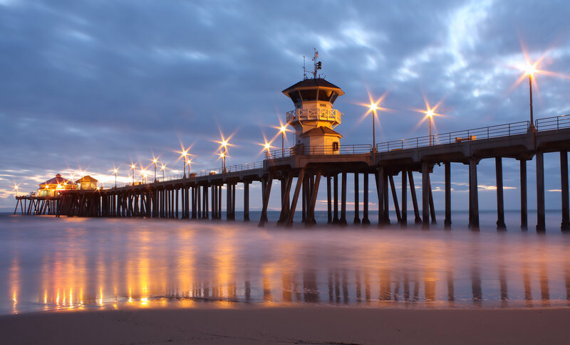 Pier at dusk with lights