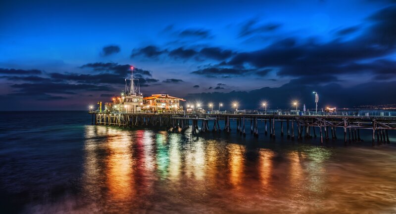 Pier at dusk with lights
