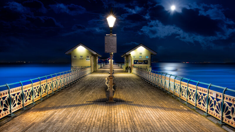 Pier at Night — Blue, Serene, Photograph, Moon