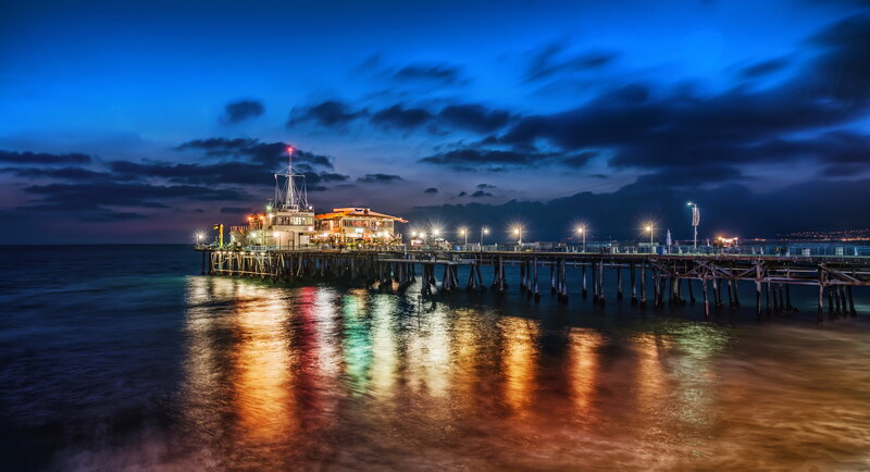 Pier at Night — Blue, Serene, Photograph, Ocean