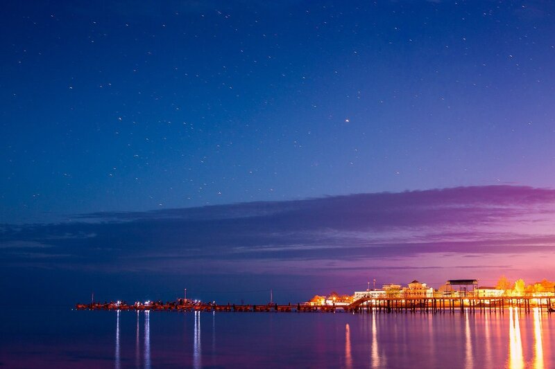 Pier at Night — Blue, Serene, Photograph, Sky