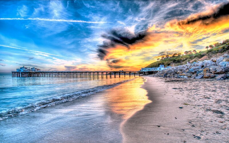 Pier at Sunset — Blue, Dramatic, Photograph, Beach, Ocean