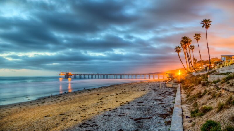 Pier at Sunset — Blue, Dramatic, Photograph, Beach, Palm Trees