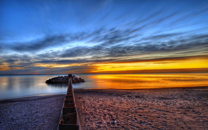 Pier at Sunset — Blue, Dramatic, Photograph, Beach