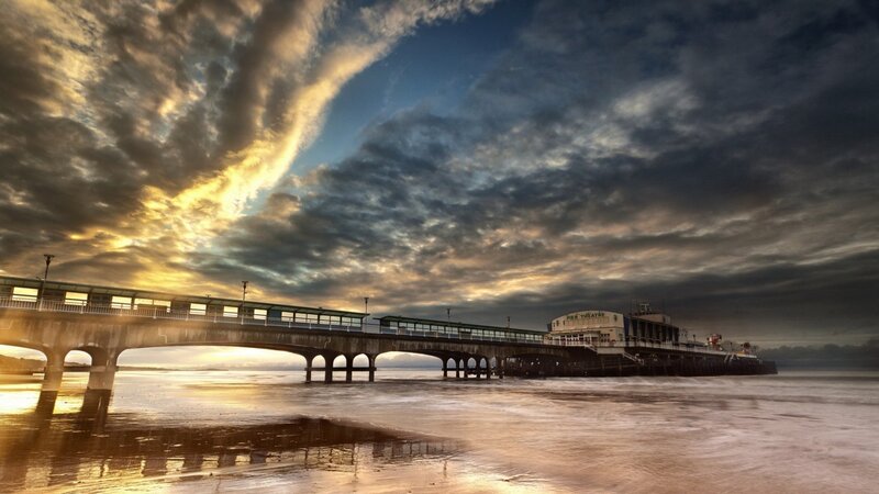 Pier at Sunset — Blue, Dramatic, Photograph, Clouds, Sea
