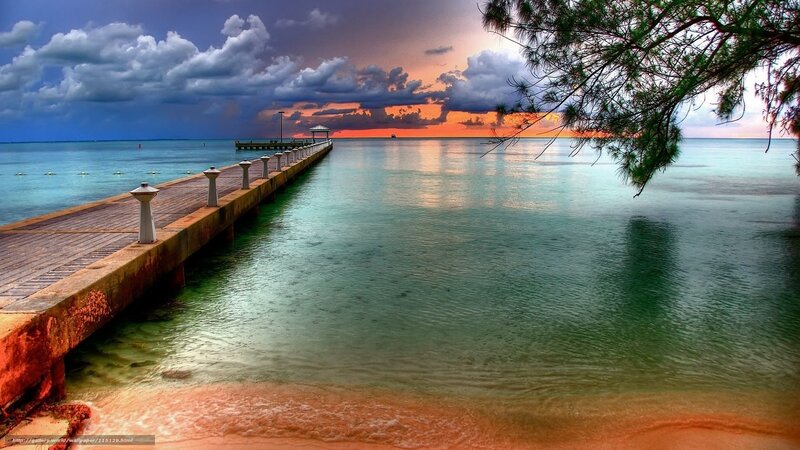 Pier at Sunset — Blue, Dramatic, Photograph, Clouds, Trees