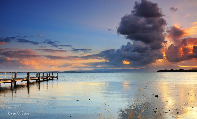 Pier at Sunset — Blue, Dramatic, Photograph, Clouds, Water