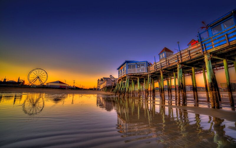 Pier at Sunset — Blue, Dramatic, Photograph, Ferris Wheel