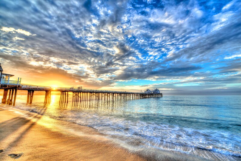 Pier at Sunset — Blue, Dramatic, Photograph, Ocean, Beach, Clouds