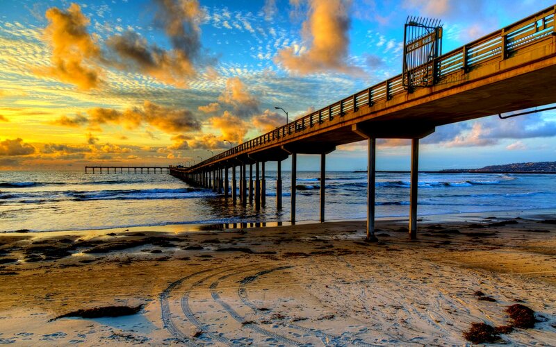 Pier at Sunset — Blue, Dramatic, Photograph, Ocean, Beach