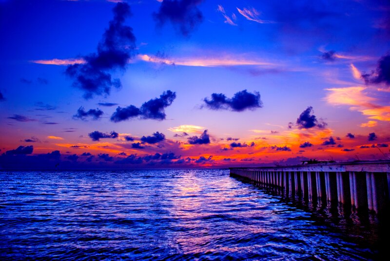 Pier at Sunset — Blue, Dramatic, Photograph, Ocean, Clouds, Sky