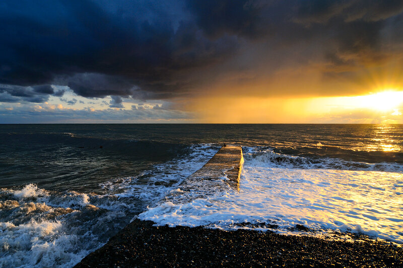 Pier at Sunset — Blue, Dramatic, Photograph, Ocean, Clouds