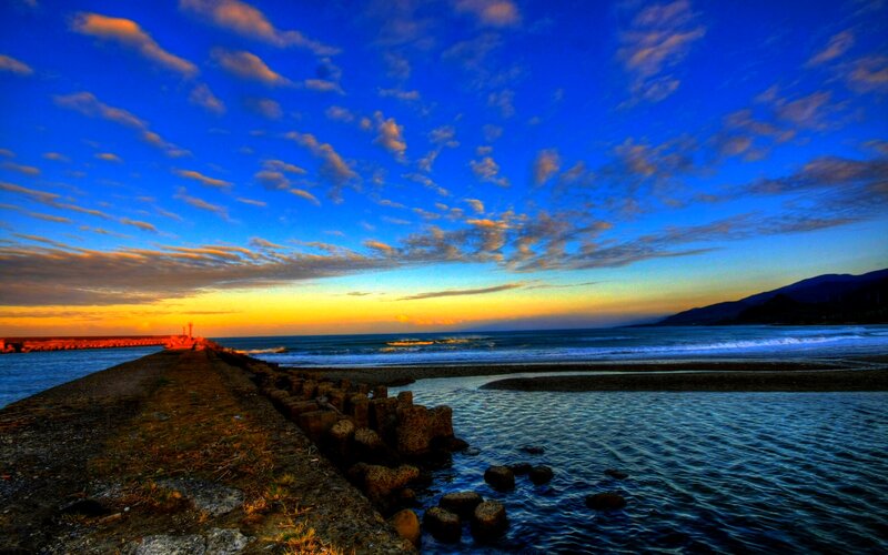 Pier at Sunset — Blue, Dramatic, Photograph, Ocean, Mountain