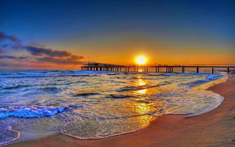 Pier at Sunset — Blue, Dramatic, Photograph, Ocean, Sand