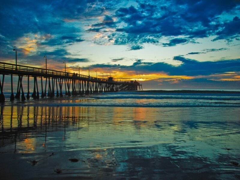 Pier at Sunset — Blue, Dramatic, Photograph, Ocean, Sky, Beach